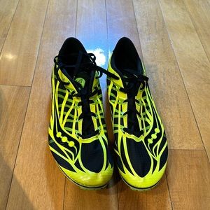 Saucony size 14 black, yellow and green Velocity race spike shoes
